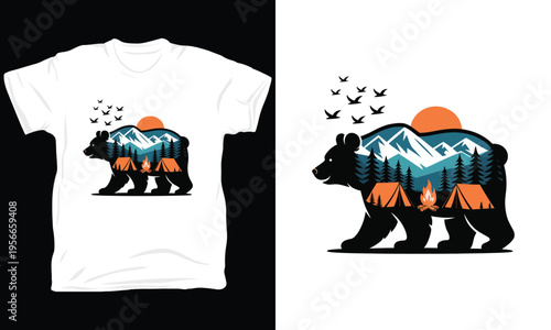 Double exposure forest bear camping landscape scene outdoor apparel vector illustration art