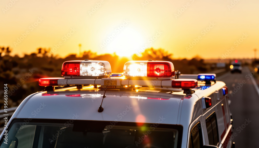 Fototapeta premium A police vehicle is parked on the side of the road with flashing lights. The sun sets behind the police vehicle, creating a silhouette against the horizon.