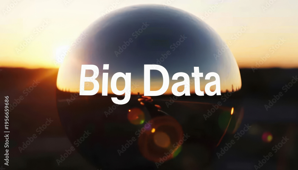 Obraz premium A reflective sphere captures a sunset, emphasizing the phrase 'Big Data'. The scene combines nature with technology, highlighting the concept of 'Big Data'.