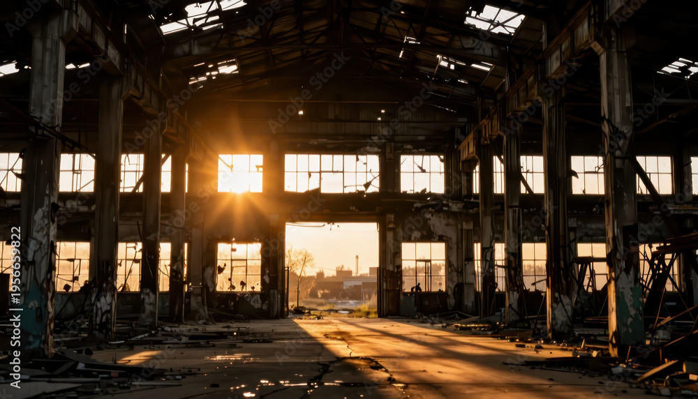 Fototapeta premium The abandoned warehouse displays remnants of decay, with sunlight streaming through broken windows. The empty space highlights the contrast between light and shadows in the warehouse.