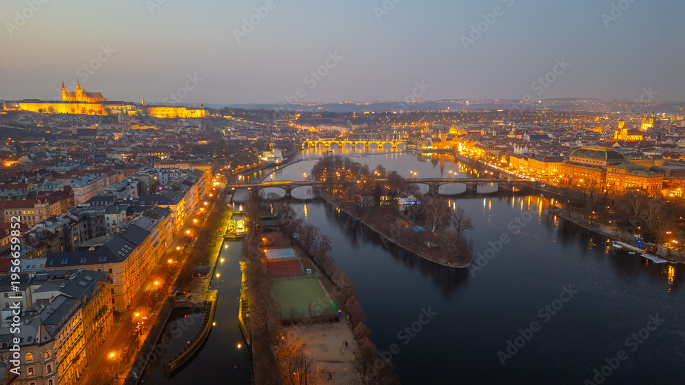 Fototapeta premium Sunset aerial view of Hradcany district and strelecky island in
