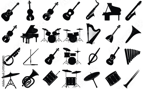 Collection of musical instruments and tools in a minimalist line art style