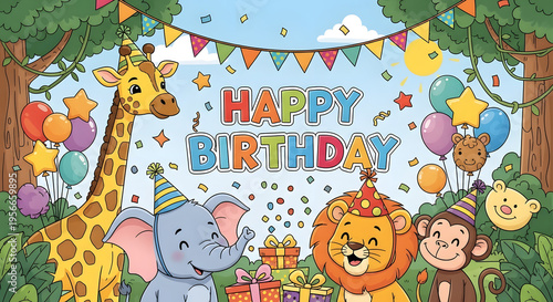 A colorful cartoon illustration of animals celebrating a birthday