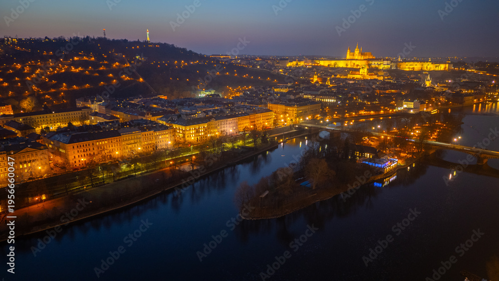 Obraz premium Sunset aerial view of Hradcany district and strelecky island in