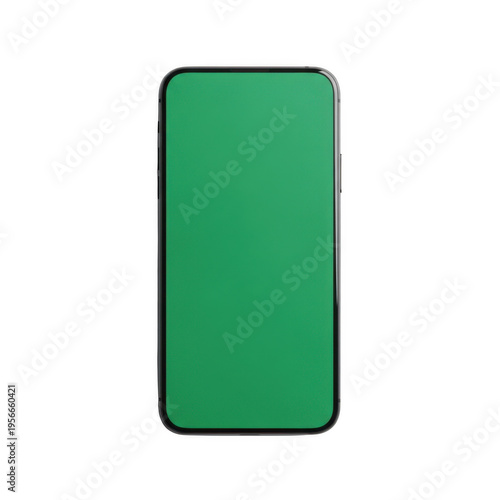 Sleek smartphone displaying a solid green screen interface isolated on transparent background