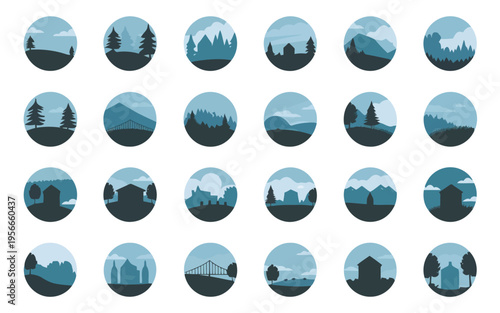 Colorful array of modern geometric icons representing various digital symbols and services