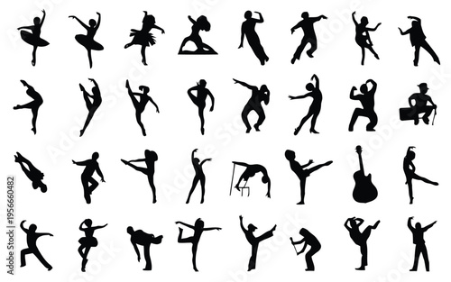 Collection of diverse human figures in various dynamic dance poses