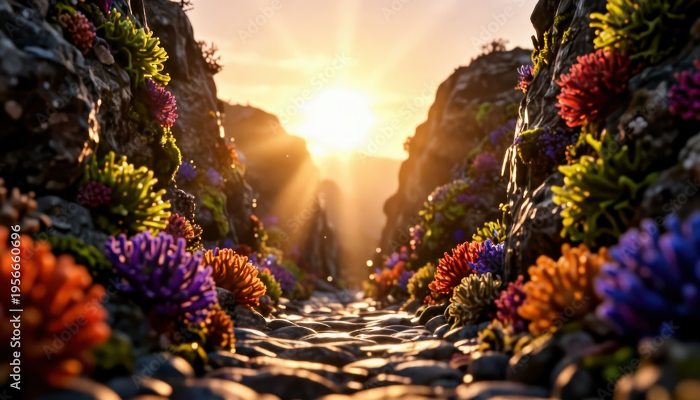 Obraz premium A vibrant canyon features colorful coral-like plants lining a rocky path. The sun rises above the rocky terrain, illuminating the coral and creating a serene atmosphere.