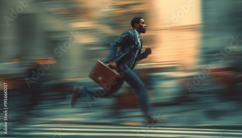 African American Businessman Rushing Through City Streets With Briefcase, Running Late For Work In Fast-Paced Urban Environment.