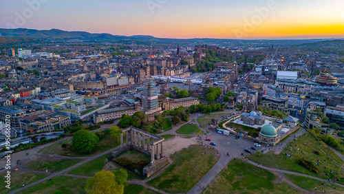 Sunset panorama of the old town of Edinburgh and the calton hill