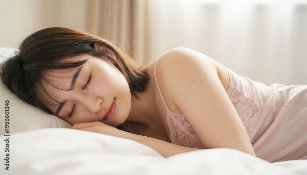 Fototapeta premium ベッドで心地よさそうに眠るピンクのランジェリー姿の女性