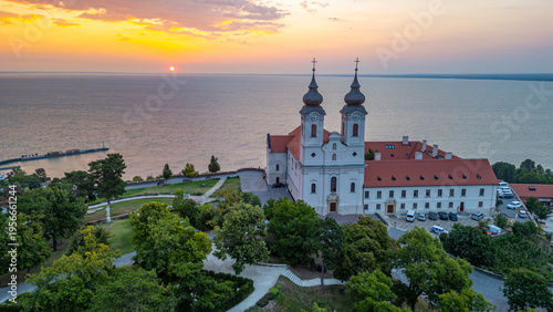 Bild auf Leinwand Sunrise view of the Tihany Benedictine Abbey beside Balaton lake