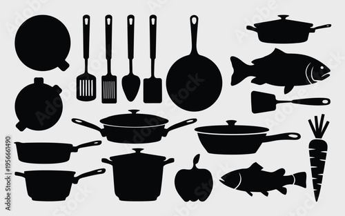 Black and white illustration of kitchen tools and fish icons