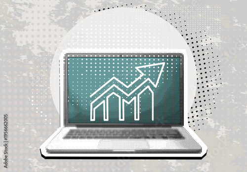 Data analytics concept. Halftone hand draws sales graph. Modern collage design. Pop art. Growth chart. Successful business performance. Business data graph on screen laptop. Achieving high results