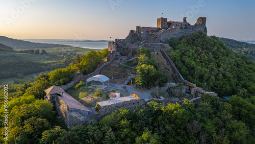 Bild auf Leinwand Sunrise view of Szigliget castle in Hungary