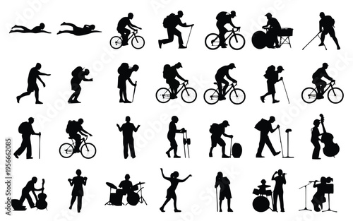 Silhouettes of people performing various dance and exercise movements