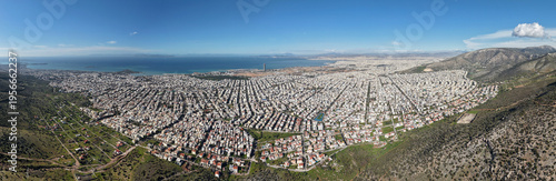 Panoramic aerial drone view of Glyfada and Ellinikon coastline in Athens, Greece