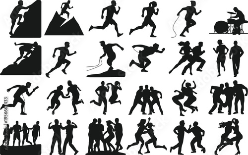 Diverse silhouettes of people engaging in various athletic activities and poses
