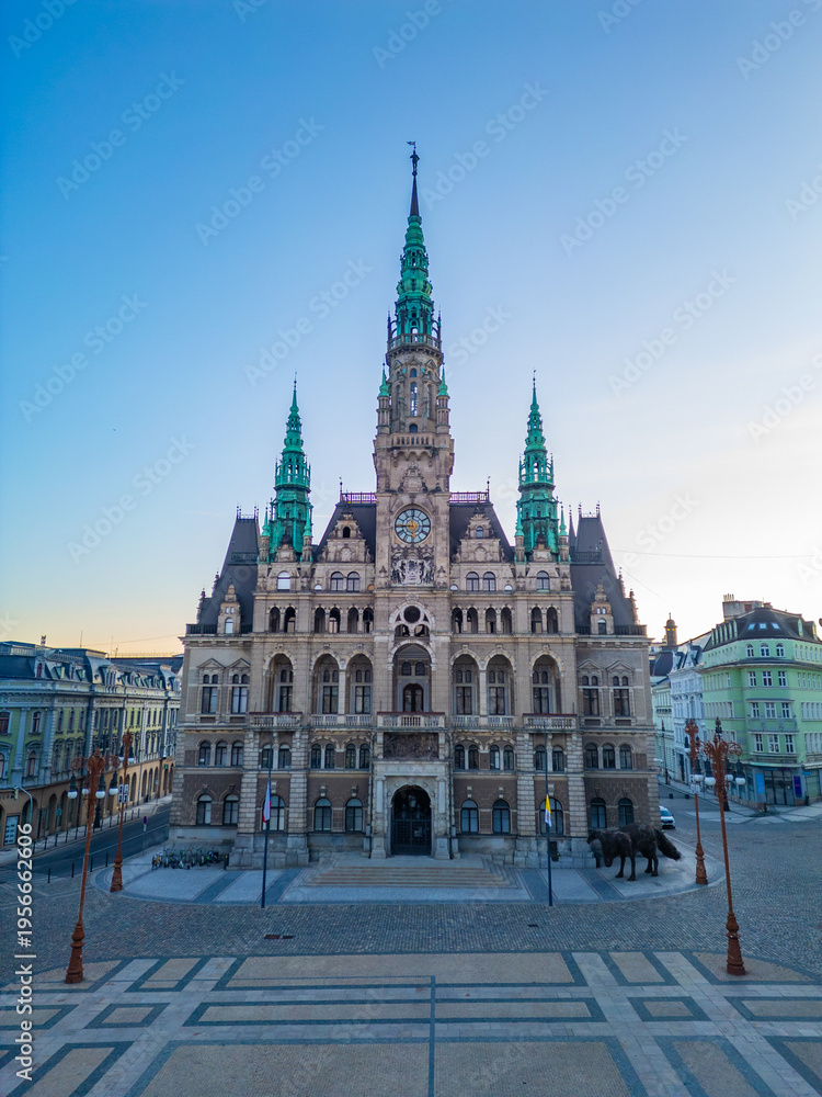 Obraz premium Sunrise panorama view of town hall in Liberec, Czech republic