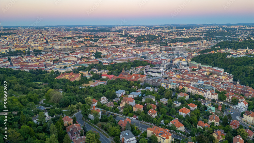 Fototapeta premium Sunset panorama view of Smichov part of Prague from Petrin hill,