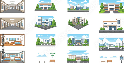 Anime Style School Building and City Street Interior and Exterior Vector Illustration Set Featuring Classrooms Hallways Dormitories and Urban Campus Landscapes Collection