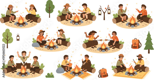 Camping Campfire Scenes Set with Friends Sitting Around Fire Outdoor Adventure Night Nature Relaxation Flat Vector Illustration Collection