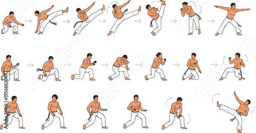 Capoeira Martial Arts Movement Sequence Set with Fighter Steps Kicks Spins and Training Progression Flat Vector Illustration Collection