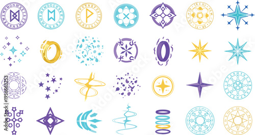 Colorful Magic Symbols and Mystic Geometric Icons Set Featuring Runes, Stars, Circles, Energy Shapes for Spiritual, Esoteric, Fantasy Vector Design Collection