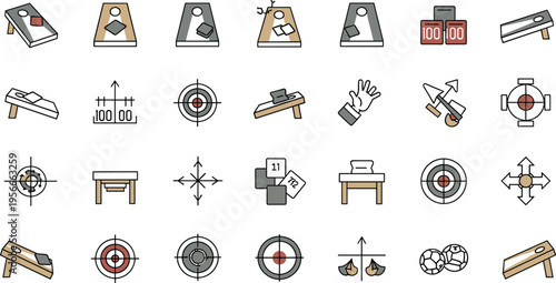 Cornhole Game Equipment Vector Icon Set Featuring Bean Bag Boards Targets Scoring Graphics And Sports Symbols For Backyard Games Tournament Events And Outdoor Recreation