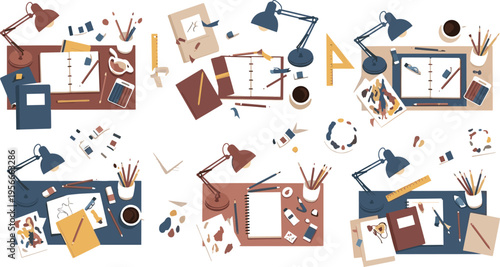 Creative Artist Workspace Set with Drawing Tools, Desk Elements, Sketchbooks, Lamps, Paint Supplies and Design Studio Flat Vector Illustration Collection