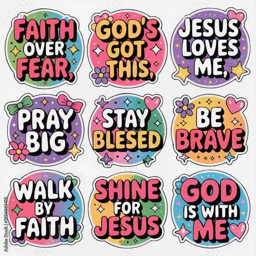 Cute christian faith quote sticker set with bubble lettering featuring faith over fear god's got this jesus loves me pray big stay blessed be brave walk by faith shine for jesus and god is with me