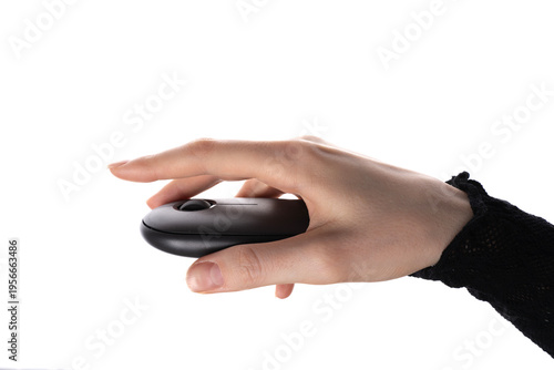 Female hand holding wireless computer mouse with scroll wheel, isolated on white background, studio closeup of input device.