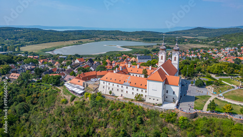 Panorama view of the Tihany Benedictine Abbey beside Balaton lak
