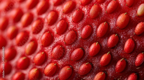Strawberry surface in extreme macro detail showcasing ripe red fruit texture with tiny achenes embedded, highlighting healthy organic food and natural patterns