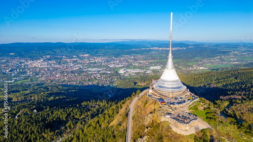 Foto Aerial view of Jested tower during a sunny day near Liberec, Cze