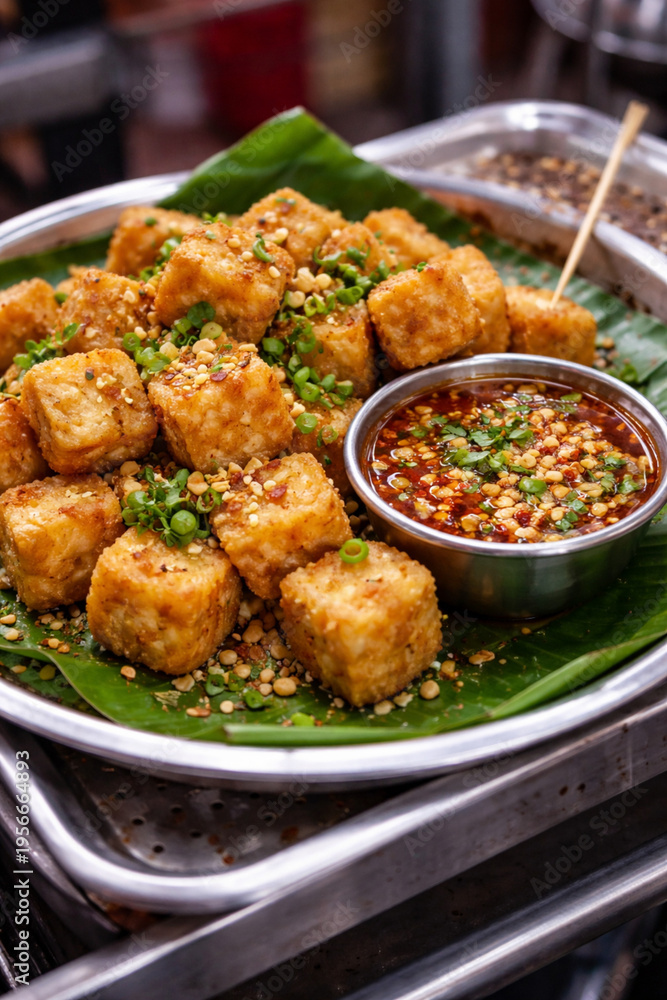 Fototapeta premium Golden Crispy Street Tofu with Spicy Dipping Sauce in Chinatown Night Market Style