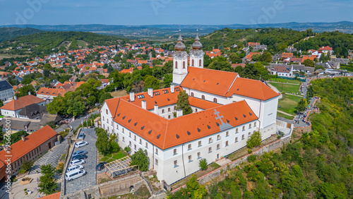 Panorama view of the Tihany Benedictine Abbey beside Balaton lak