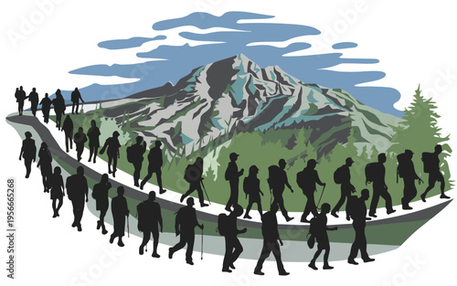 Group of hikers ascending a mountainous trail together