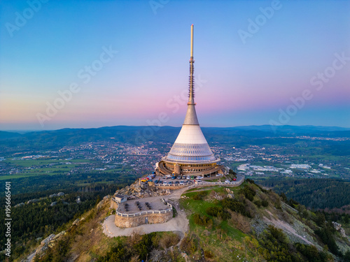 фотографія Aerial view of Jested tower during sunset near Liberec, Czech re