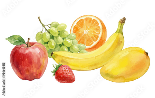 Fresh fruit assortment watercolor painting healthy food isolated
