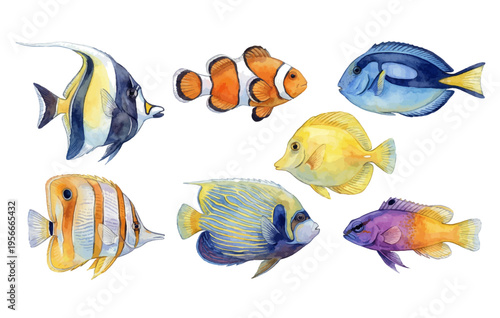 Set of colorful watercolor tropical fish on transparent background