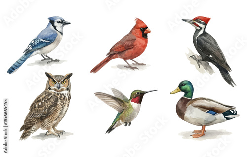 Set of watercolor birds including blue jay, cardinal, woodpecker