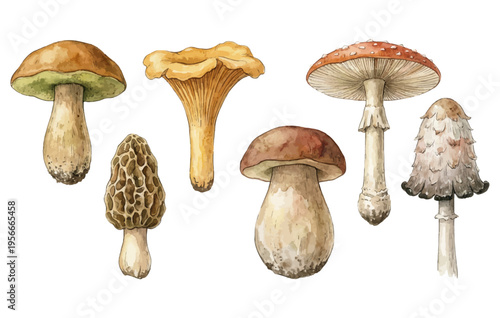 Set of watercolor mushrooms including boletus, chanterelle, morel