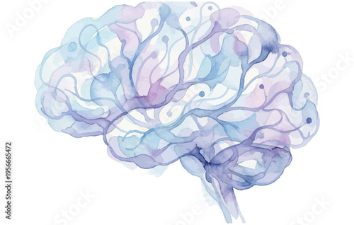 Watercolor human brain illustration with neural networks and neurons