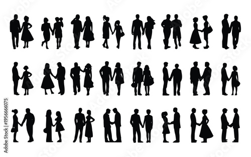 Diverse group of stylized human figures engaging in various activities and poses