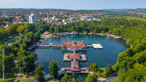 Obraz na plátně Panorama view of Heviz thermal lake in Hungary