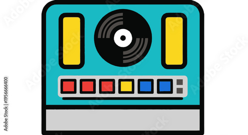 Colorful Retro Flat Design Music Player Illustration with Vinyl Record, Turntable, and Speakers