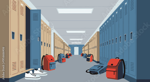 Empty school hallway with long rows of lockers, backpacks, and shoes on the floor, symbolizing education and student life.