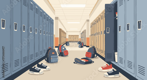 Empty School Hallway Illustration with Lockers, Scattered Backpacks, Sneakers on Floor, Education Background