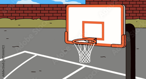 Empty outdoor basketball court with hoop and markings, cartoon style illustration, ideal for sports, recreation, or animation background.